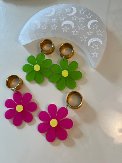 Hot Pink Daisy Dangle Plugs